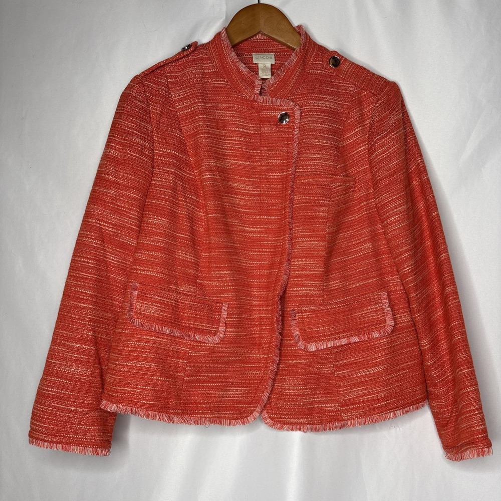 Chico's Women's 2 (12) Petite Orange Tweed Fringe Full Zip Jacket Blazer‎